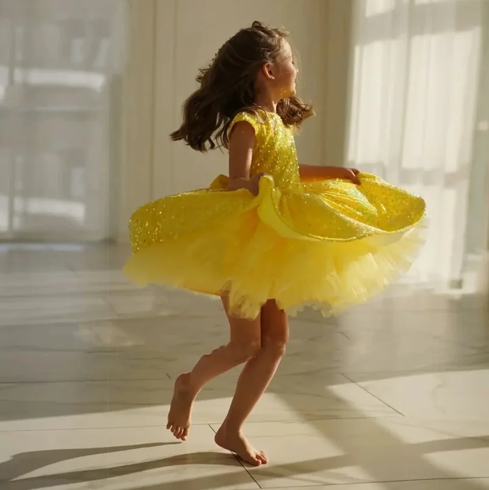 Vestidos de flores con lentejuelas brillantes para niñas, vestido de baile amarillo, vestido de fiesta de cumpleaños para niños, vestidos de graduación con mangas cortas