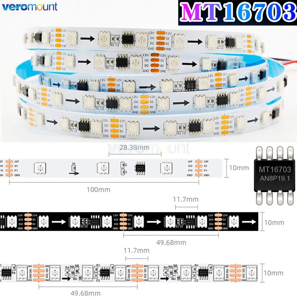 5m 12V 24V DC 30 60LEDs/m MT16703 Pixel LED Strip 10mm SMD 5050 RGB 4Pin Similar WS2815 Smart Full Color Addressable Ribbon Tape