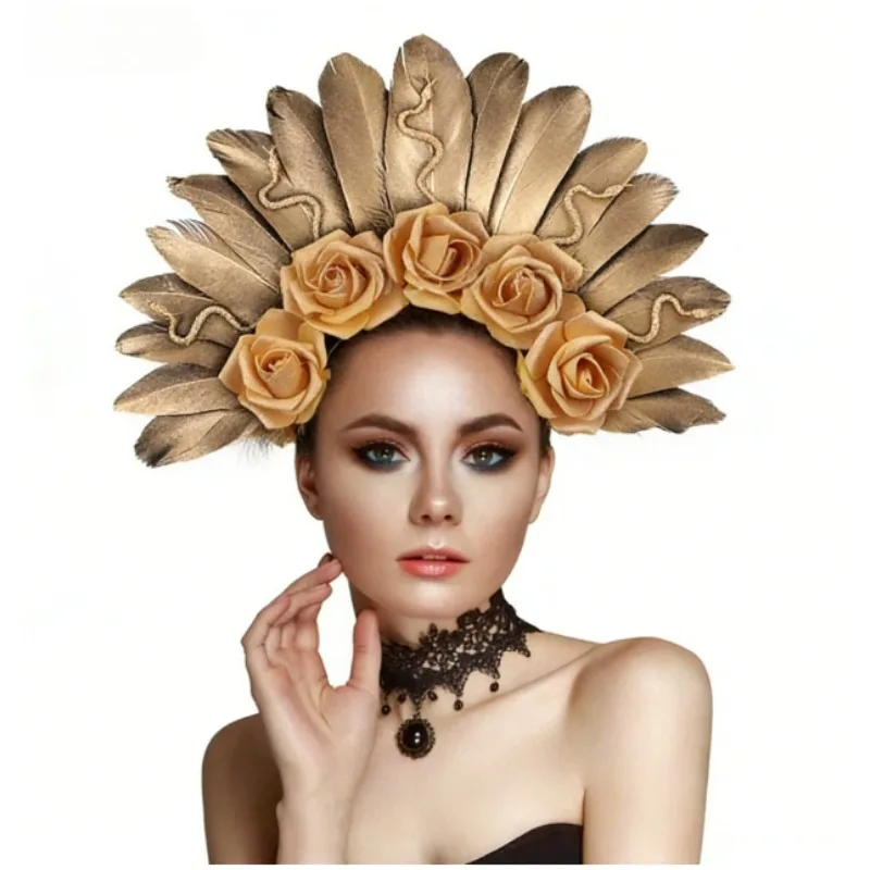 Mexican Day of the Dead Floral feather Hair Hoop - Feather Rose Halloween Headband for Dark Bride Party & Stage Performance