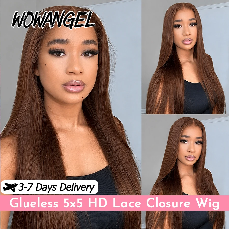 

WOWANGEL 34in Chocolate Brown Body Wave Wig Pre Cut 5x5 HD Lace Closure Wigs 100% Human Hair For Women Pre Plucked Glueless Wigs