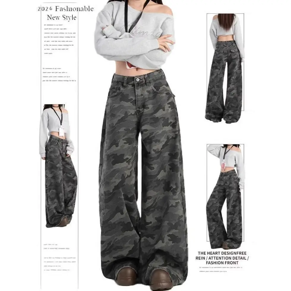 

jeans for woman Women American Vintage Camo Cargo Pants Spring Autumn High Street Loose Slim Draping Wide Leg Denim Pants Trendy