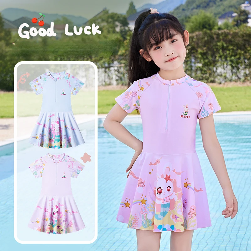 Children's Cartoon Rabbit Swimsuit, Short Sleeve, Student Training Swimwear, Cute Digital Printed, Baby Girl, New, 2024, 1 Pc