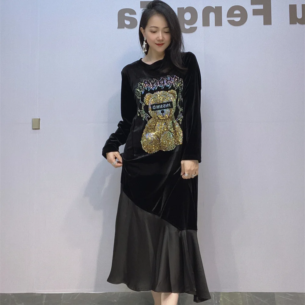 Fashion Autumn Winter Long Sleeve Pleuche Dress Ultra Long Patchwork Fish Tail Dress Cute Bear Hot Drilling O-neck Party Dress