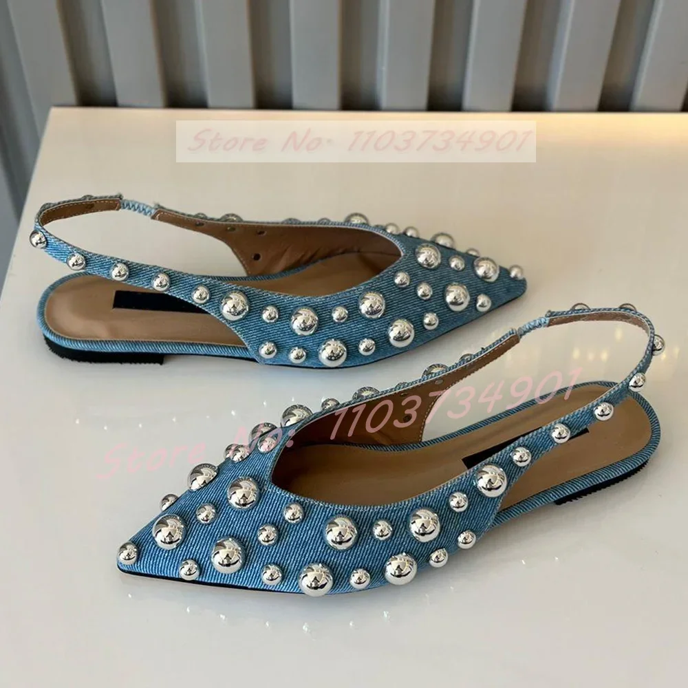 Round Rivet Pointy Toe Flat Sandals Women Fashion Classy Casual Low Heels Sandals Ladies Party Patent Leather Big Size Shoes