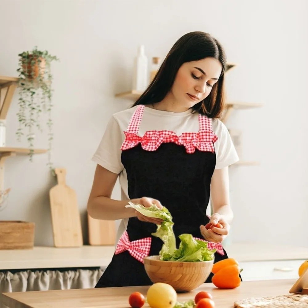 Charming Ruffle Trim Kitchen Apron Gingham Pattern Bow Detail Baking Apron Vintage Style Halter Neck Maid Style Apron For Women