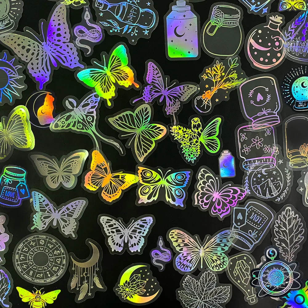 Pegatinas holográficas de dibujos animados de mariposa láser, calcomanías transparentes para equipaje, monopatín, bricolaje, 10/30/50 piezas