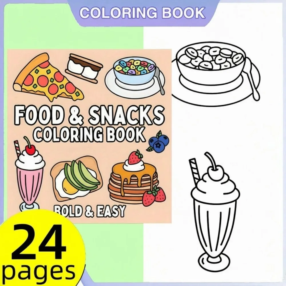 Food and Snacks Coloring Book Bold Easy 24 Pages Cute Kawaii Treats for Adults Stress Relief Relaxation Gift