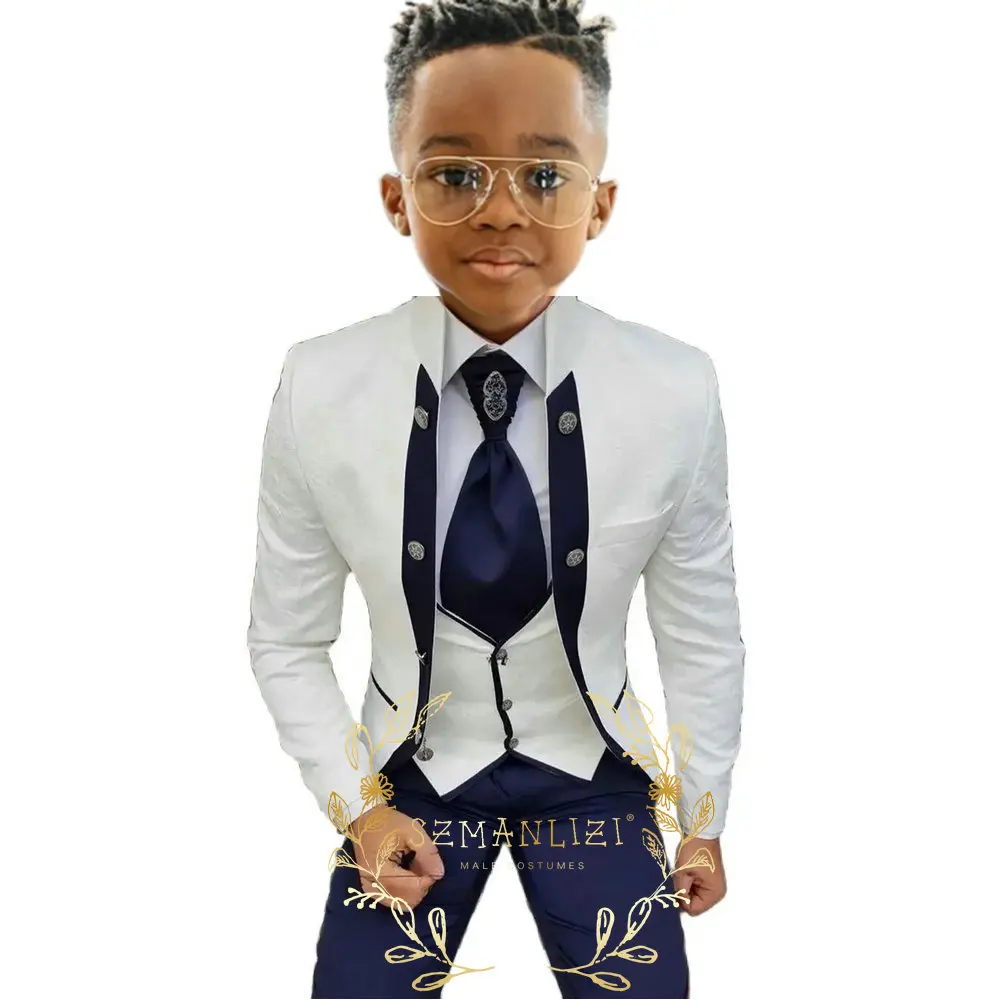 

White Floral Formal Boy Suits Wear Stand Collar Wedding Kids Tuxedos Party Suit 3 Pieces Costume Homme (Jacket+Vest+Pant)