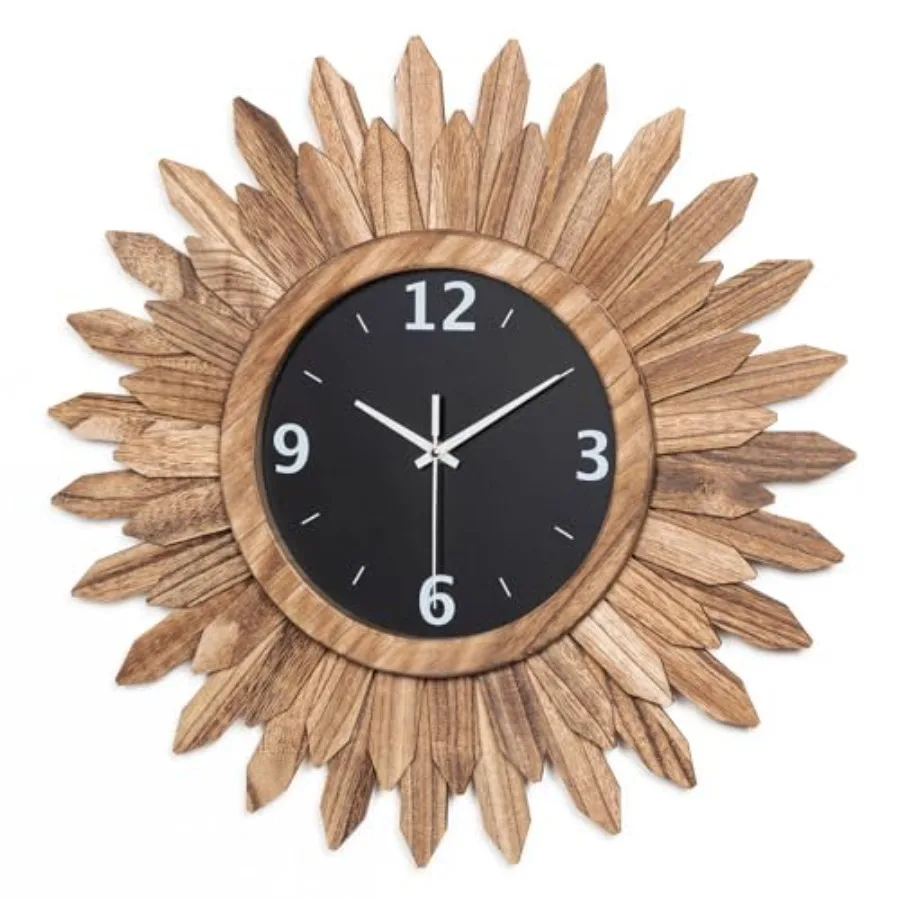 Large Wall Clock for Living Room Bedroom Kitchen Bathroom: Rustic Wood, Rustic Brown, Silent Non-Ticking Battery Operated Boho