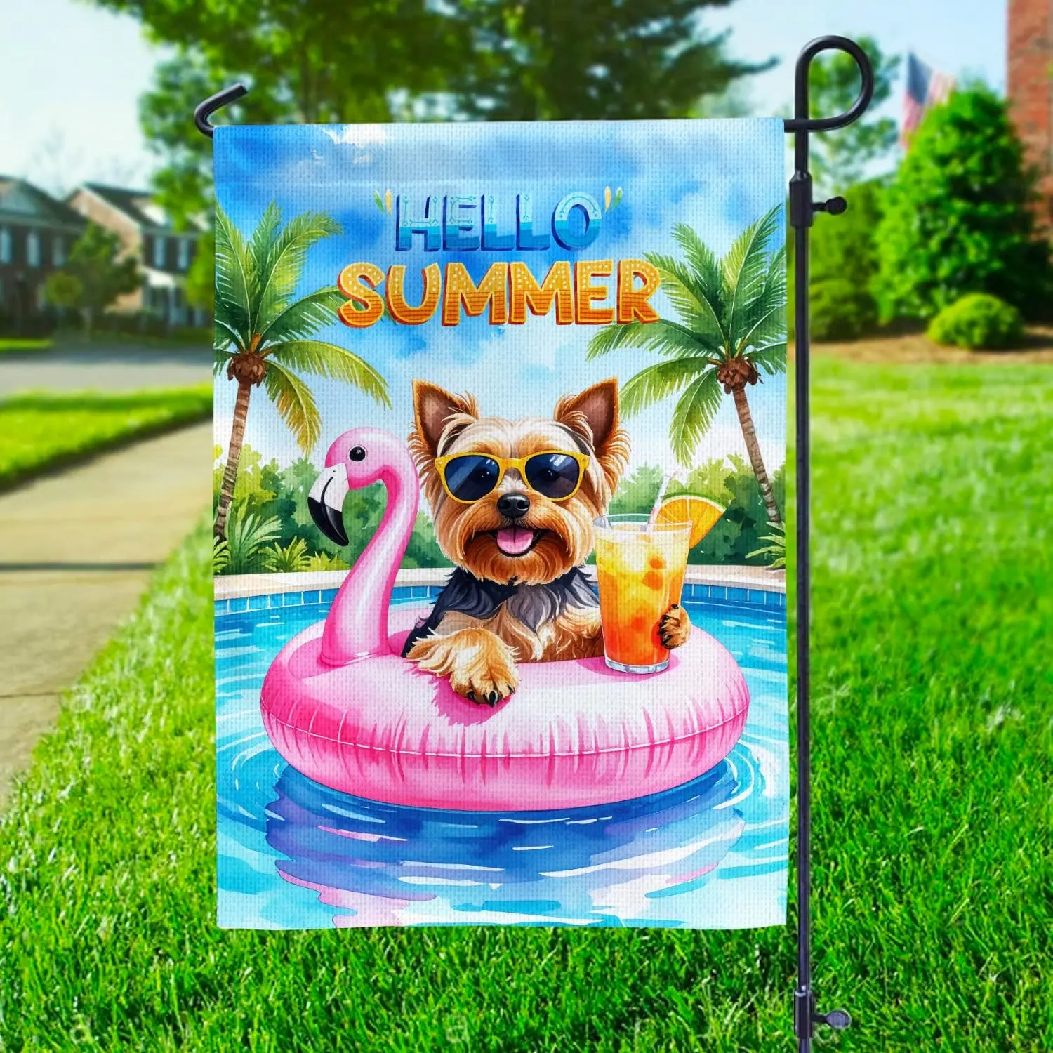 Hello Summer Yorkshire Terrier at Swimming Pool Flamingo Swim Ring Garden Flag 12x18in Double Sided Yorkie Dog Lover Gifts O UUN