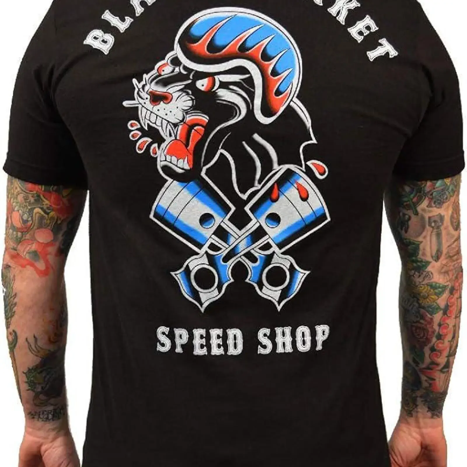 Black Market Speed Shop Men's T Shirt Biker Motorcycle Racing Piston Panther Chopper vintage Washed Slightly homme Versatile