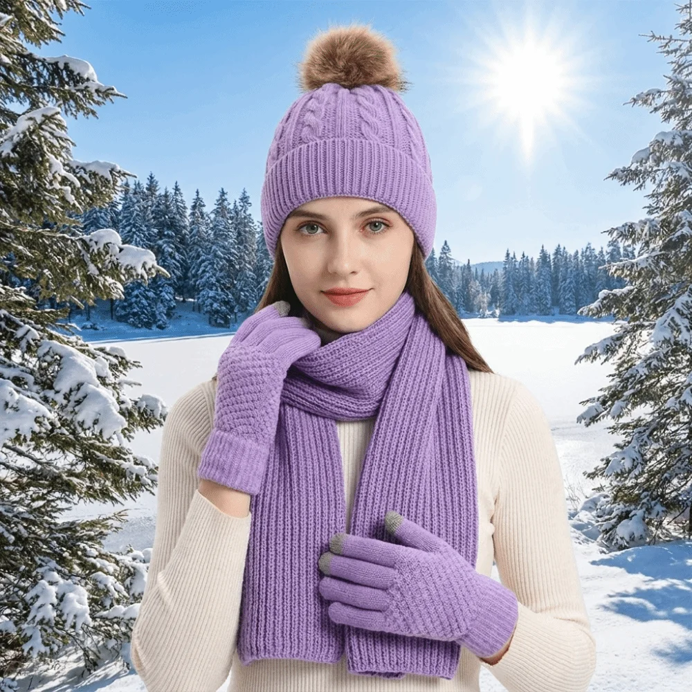 3Pcs/Set Cold Proof Scarf Hat Gloves Set Touch Screen Warmer Mittens Pullover Cap Acrylic Fibers Elastic Knitted Scarf Daily