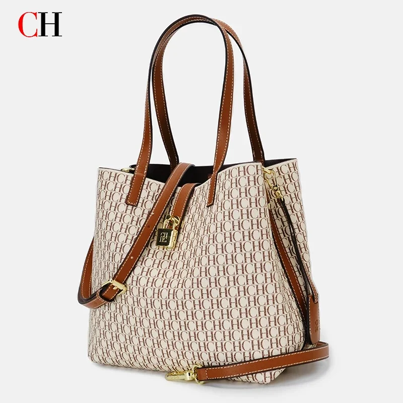 CH Women's Shoulder Bag Simple Large Capacity Letters Print Design Small Metal Accessories Daily Commuter Tote Bag Pure Color