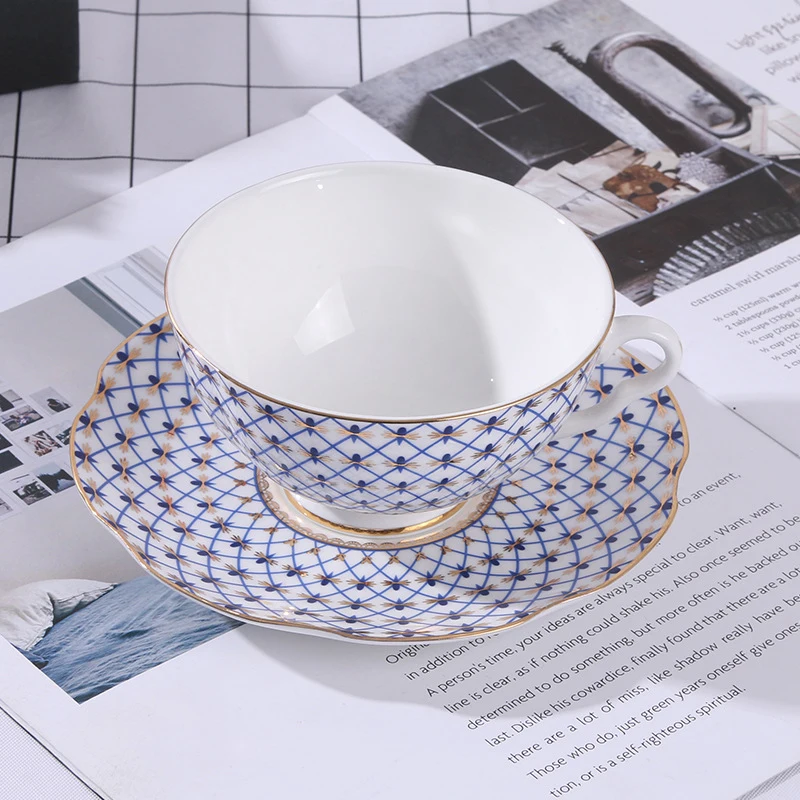 Afternoon Tea Set, Painted Kettle, European Coffee Cup, Full Set, Golden Rimmed Sugar Pot, Blue Ceramic Milk Jug, Grid Design