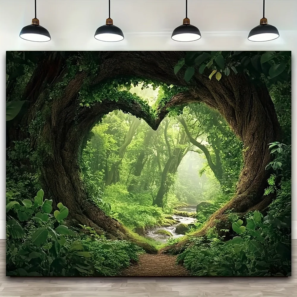 Heart Shaped Forest Tapestry Polyester Wall Hanging Misty Green Nature Art Large Boho Nordic Decor Bedroom Living Room Dorm