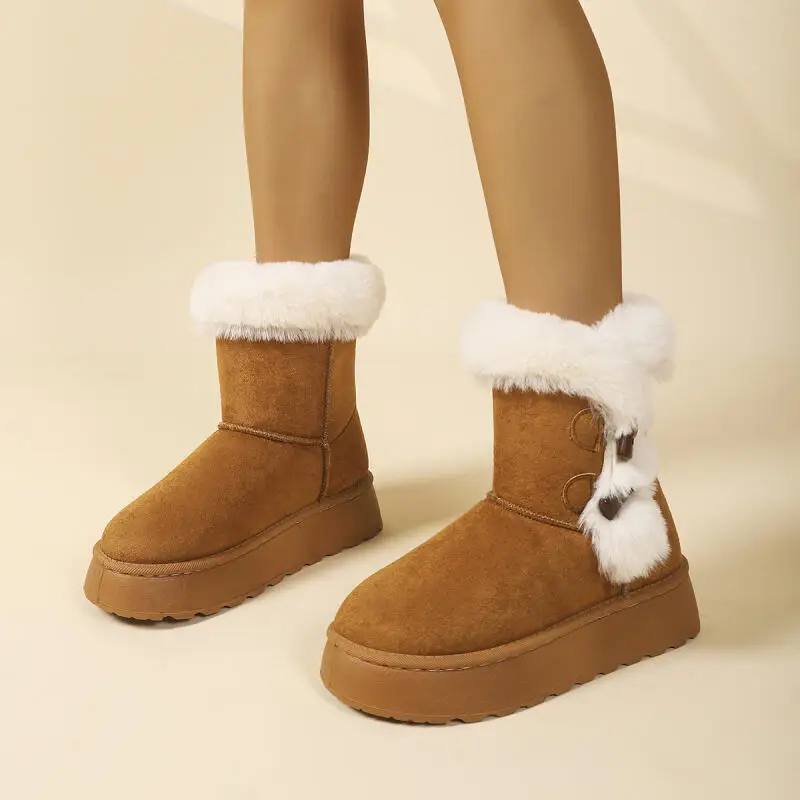 Retro Horn Button Furry Thick Bottom Non Slip Snow Boots Women Winter 2026 Fluffy Fur Ankle Boots Warm Plush Women Short Booties