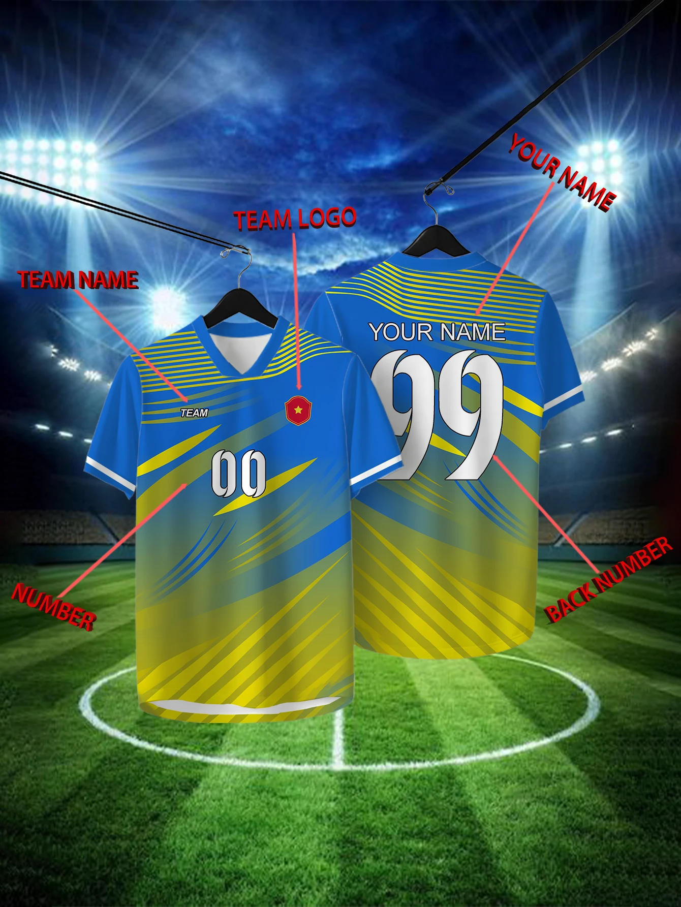 

Customized Geometric Blue Short Sleeved Shirt with Team Name, Emblem, Name and Number, Outdoor Sports Short Sleeved T-shirt