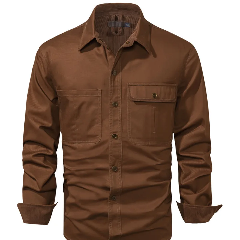2025 Summer men's American fashion versatile workwear washed shirt stand alone solid color loose collar long sleeved shirt