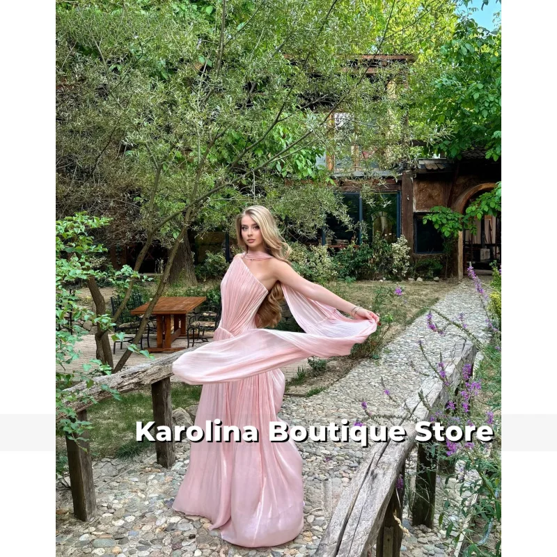 

Pink Shiny Satin Evening Dress A Line Pleated Prom Party Gowns Women ELgent Modern Prom Gowns Customized