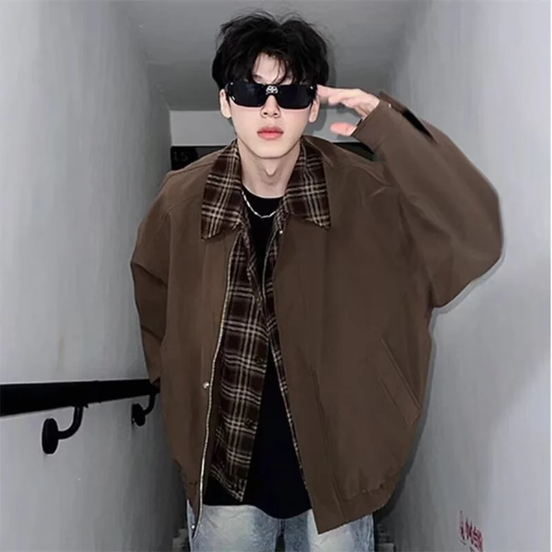

Autumn Winter Large Size Men's Plaid Patchwork Jacket Fake Two-Piece Outerwear Turn-down Collar Administrative Style Spring F...
