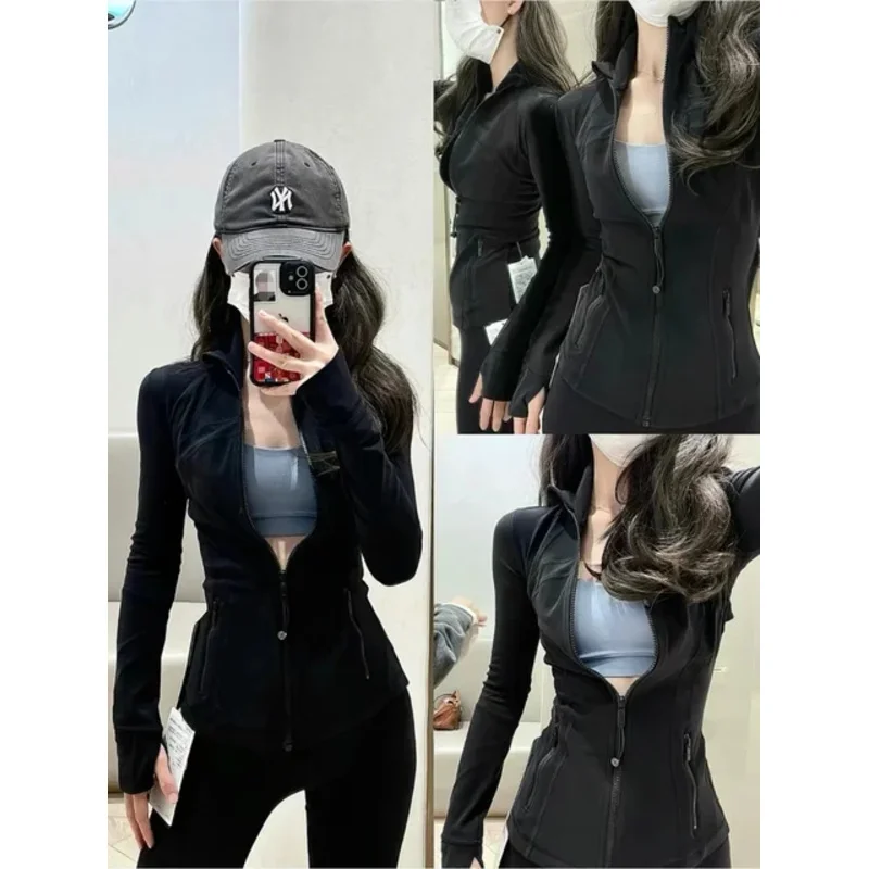 Ropa de Yoga para mujer, chaqueta definida con Logo, ropa deportiva de manga larga con cremallera completa, ropa de entrenamiento para gimnasio, ajustada, atlética