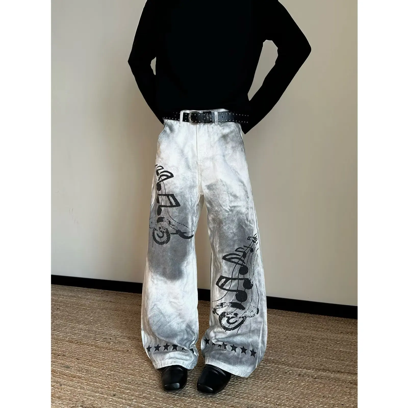 High-end retro blue slightly broken jeans men's high street graffiti printing loose small straight long pants