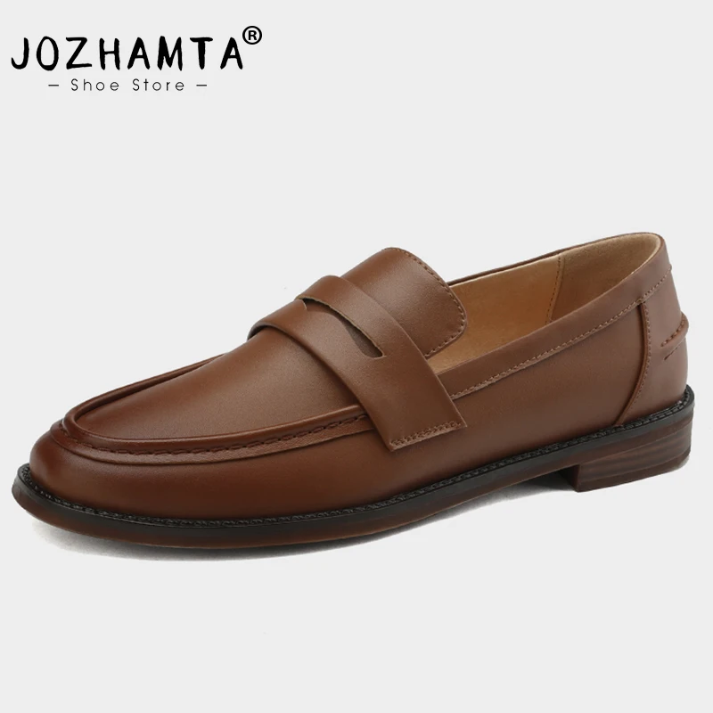 JOZHAMTA Size 34-43 Casual Loafers Women 2023 Genuine Leather Chunky Heels Shoes For Women Big Black Office Ladies Flats Shoes