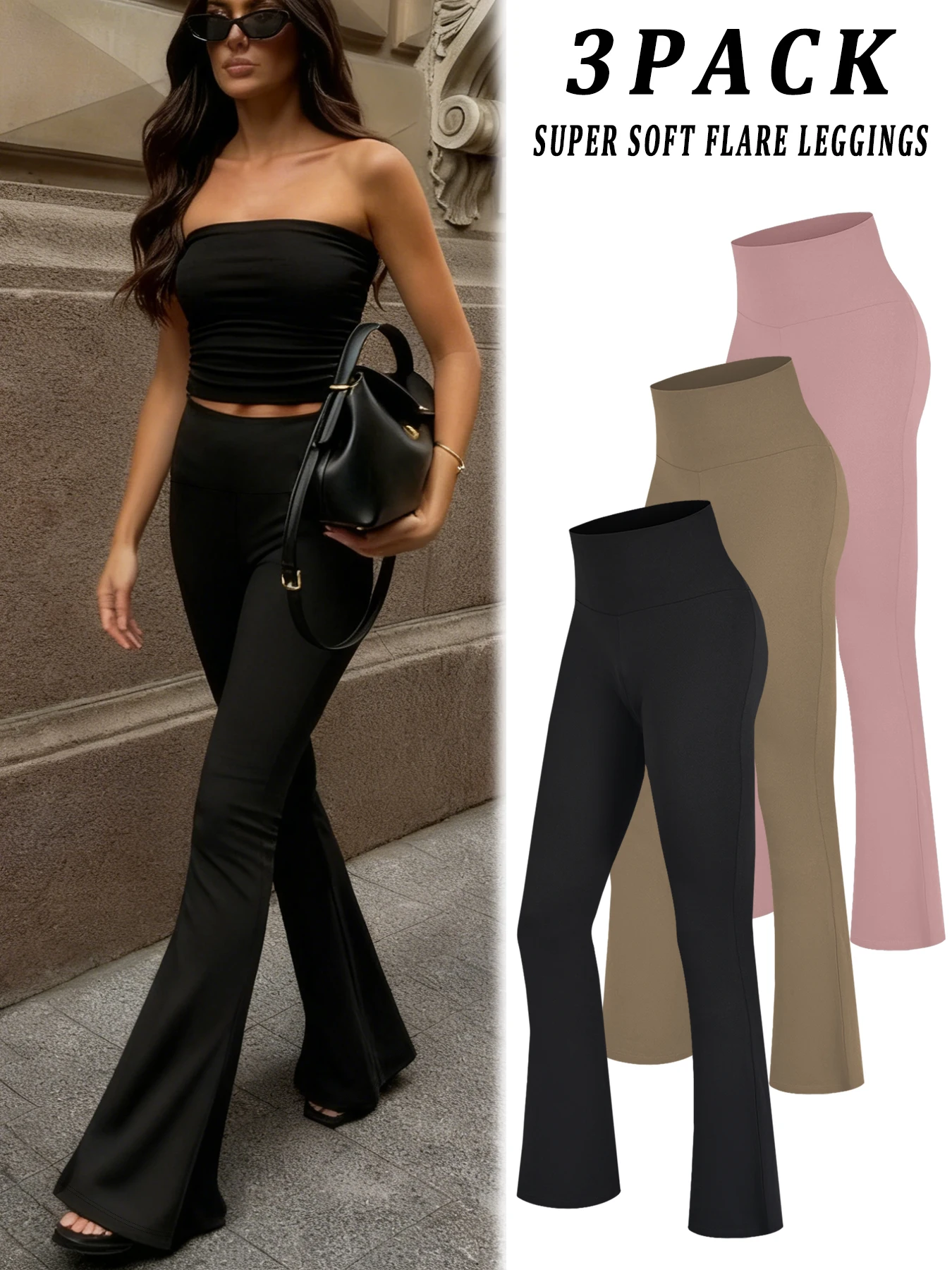 

3 pack Women's Super Soft Flare Pants High Waisted Tummy Control Workout Yoga Leggings Bell Bottoms