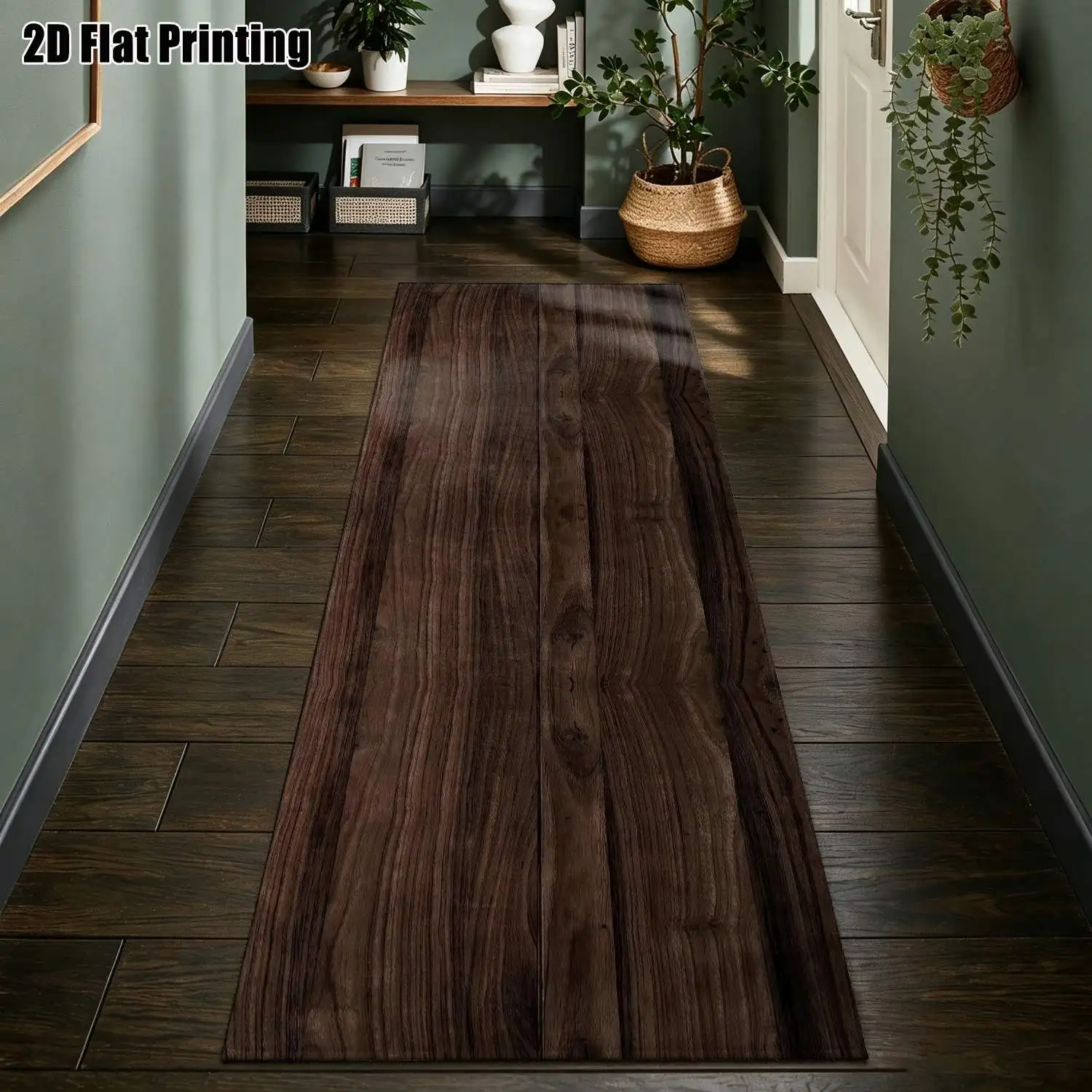 1Pc 2D Printed Dark Brown Wood Grain Long Strip Rug European, Bohemian, Geometric Striped, Modern Minimalist Styles, Home Decor, Multiple Sizes, Machine Washable, Suitable for Entryway, Hallway, Living Room, Bedroom.