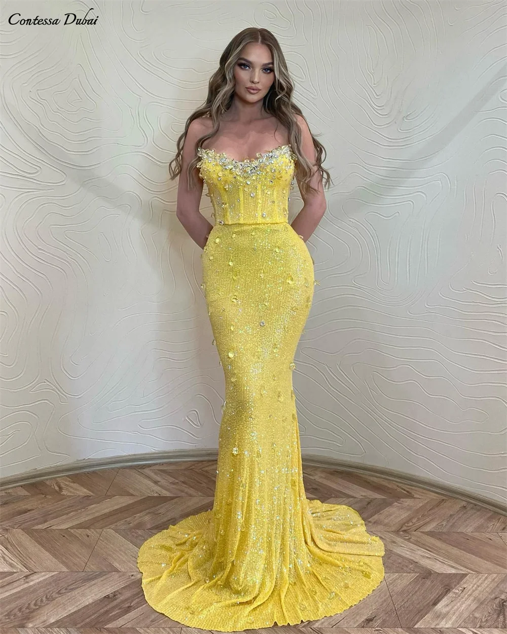 

Contessa Dubai на заказ желтое платье русалки со шлейфом для выпускного вечера бриллиантовое платье без бретелек свадебная юбка с цветочным принтом торжественное вечернее платье