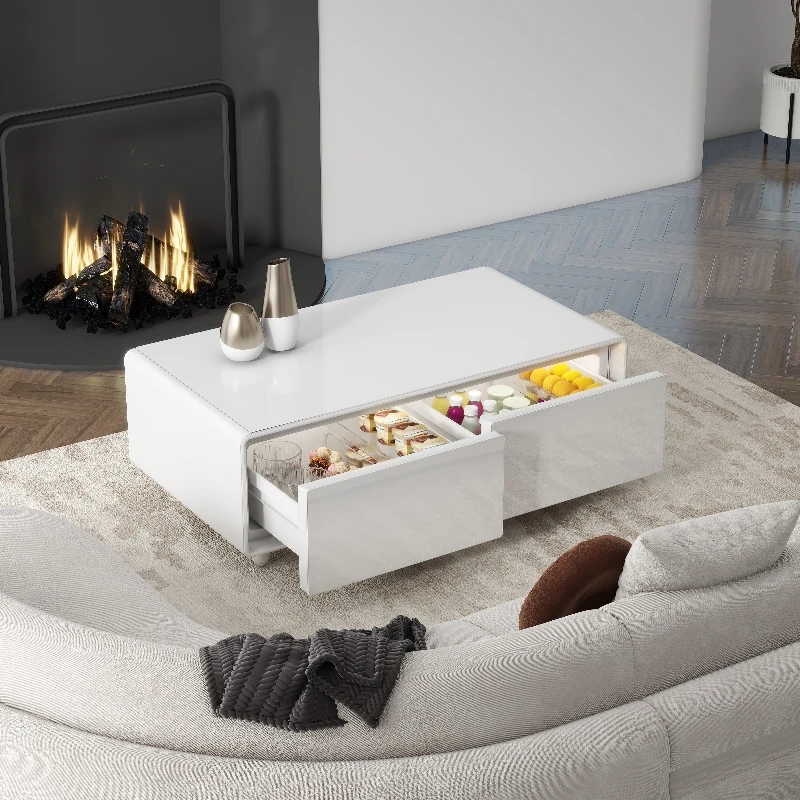 White Smart Coffee Table With Refrigerator Drinks Cooling Drawer Wireless Charging Touch Screen USB Ports For Home Hotel