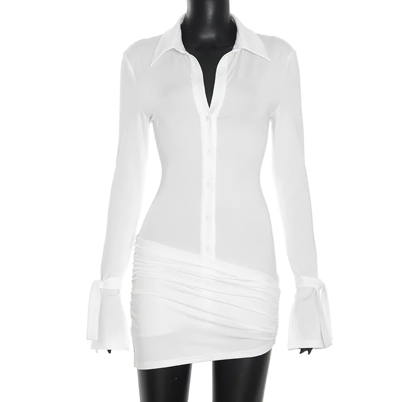 فستان Blifanbo عميق بياقة على شكل V غير منتظم قصير للنساء بأكمام طويلة وأزرار مطوي وخصر عالٍ فستان قميص مثير للخريف