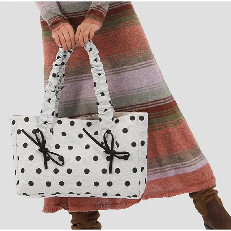 Schultertasche mit Polka-Dot-Schleife und Sternstreifen-Dekor, minimalistische, frische, lässige Nischen-Tragetasche, große Pendler-Handtasche für Damen – Detail 14