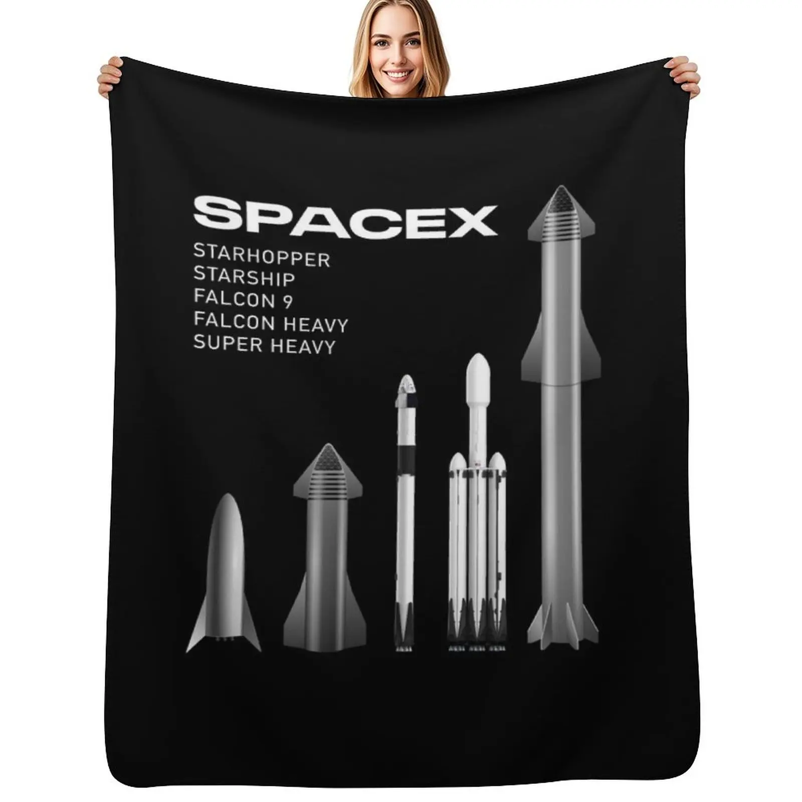 

SpaceX Rockets - Starship, Super Heavy, Falcon 9, Falcon Heavy Line Up Throw Blanket Shaggy Camping sofa bed Warm Blankets