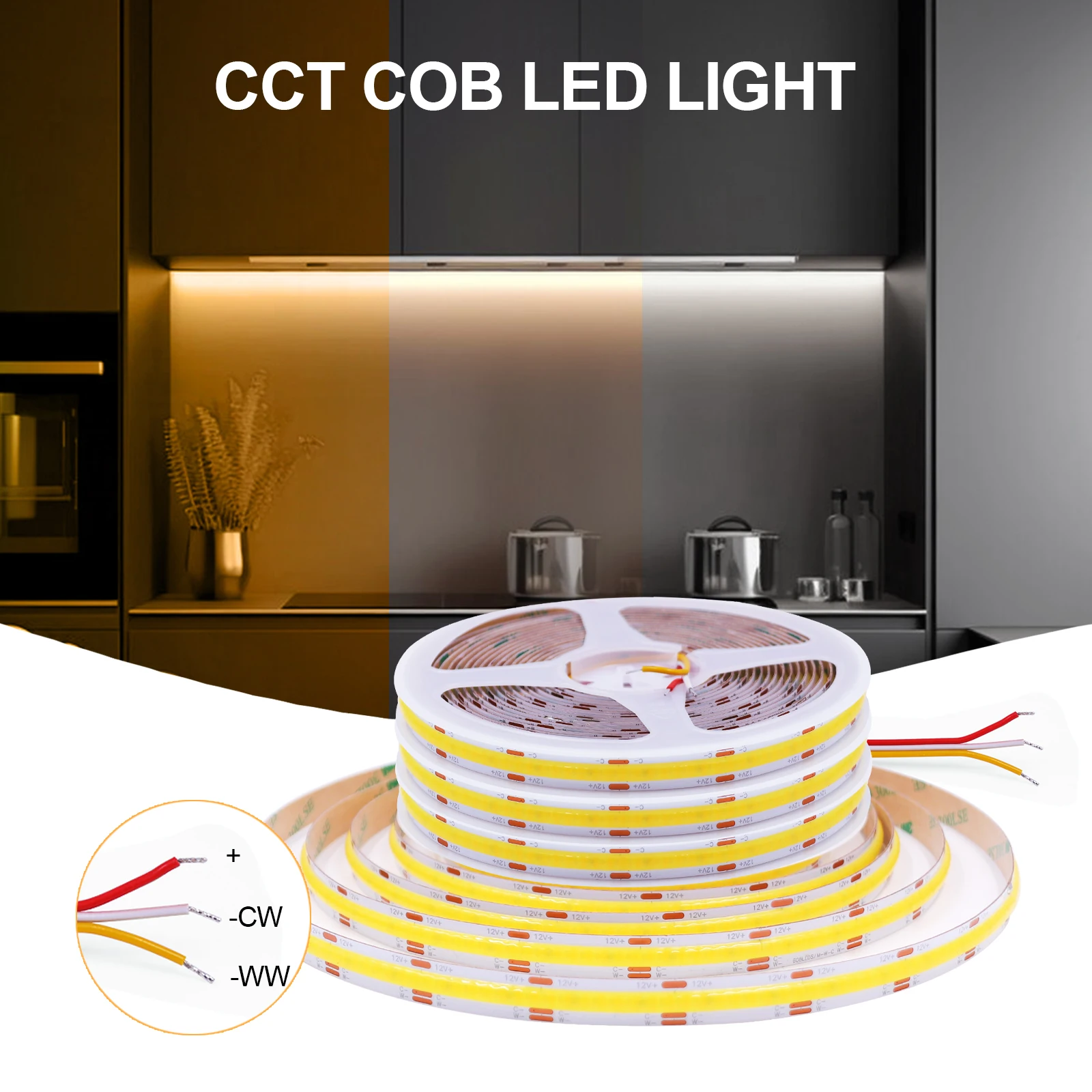 CCT COB LED 스트립, DC 12V, 24V, 608LEDs/M, IP21, IP67 고밀도 웜 화이트, 콜드 화이트, 유연한 리본 테이프 라이트 램프 스트립