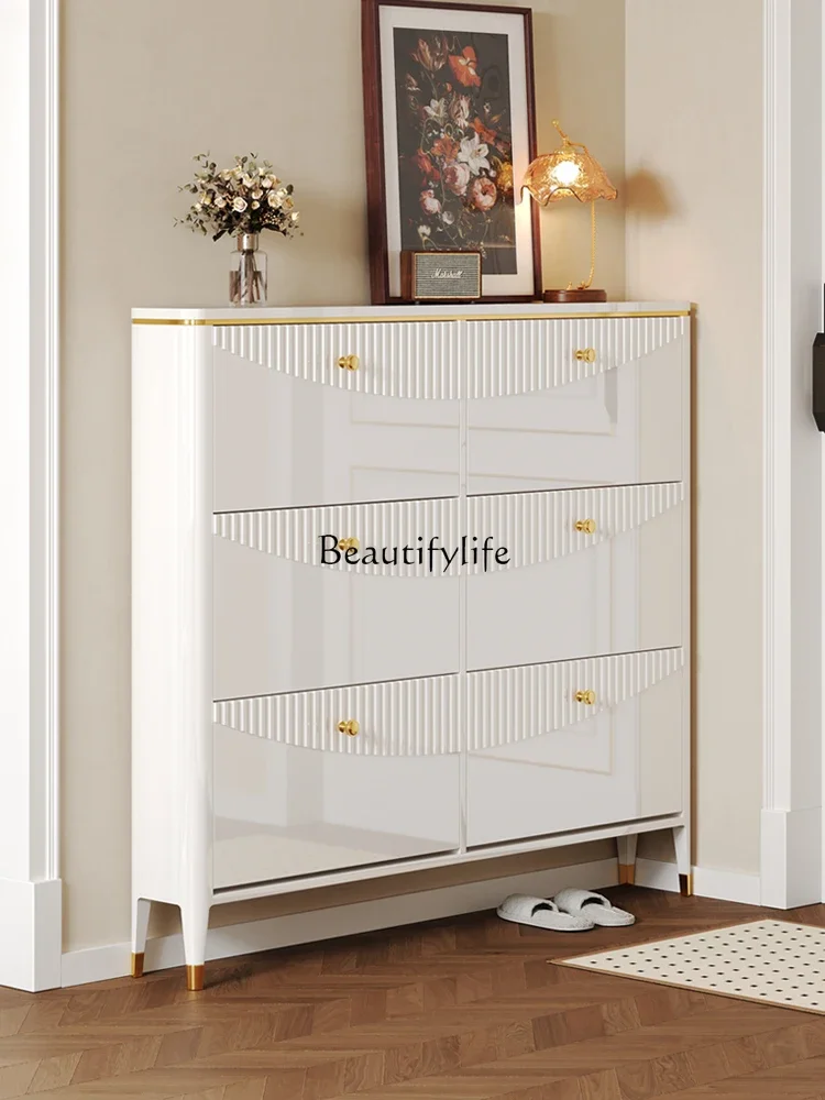 

New American light luxury retro ultra-thin tipping bucket shoe cabinet, solid wood narrow shoe cabinet at the door of the home
