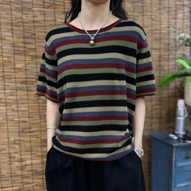

Fashionable Loose New Women's Summer Oversized Retro Color-blocked Striped Short-sleeved Knitted Sweater