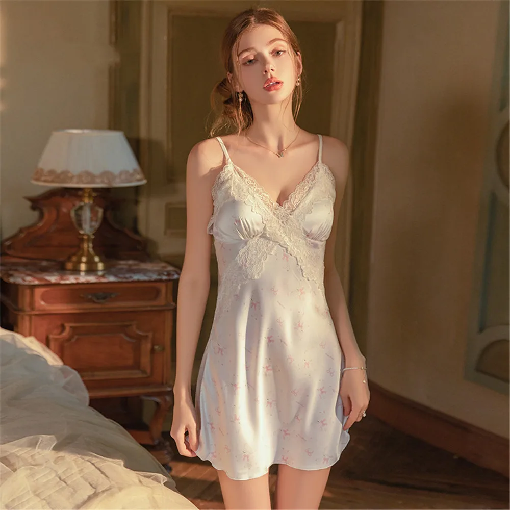 Sexy Perspective Lace Robe Print Suspender Nightdress Two Piece Set Women Bathrobe Sleepwear Summer Home Clothes