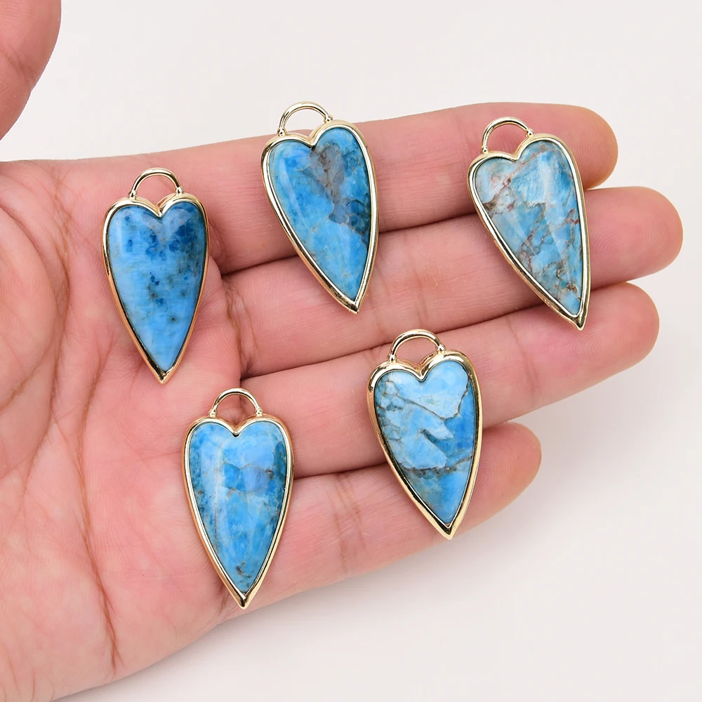 APDGG 5 Pcs 33mm Natural Blue Apatite Stone Heart Pendant Gold Edge Plated Bezel Set Gems Charms Jewelry Making DIY