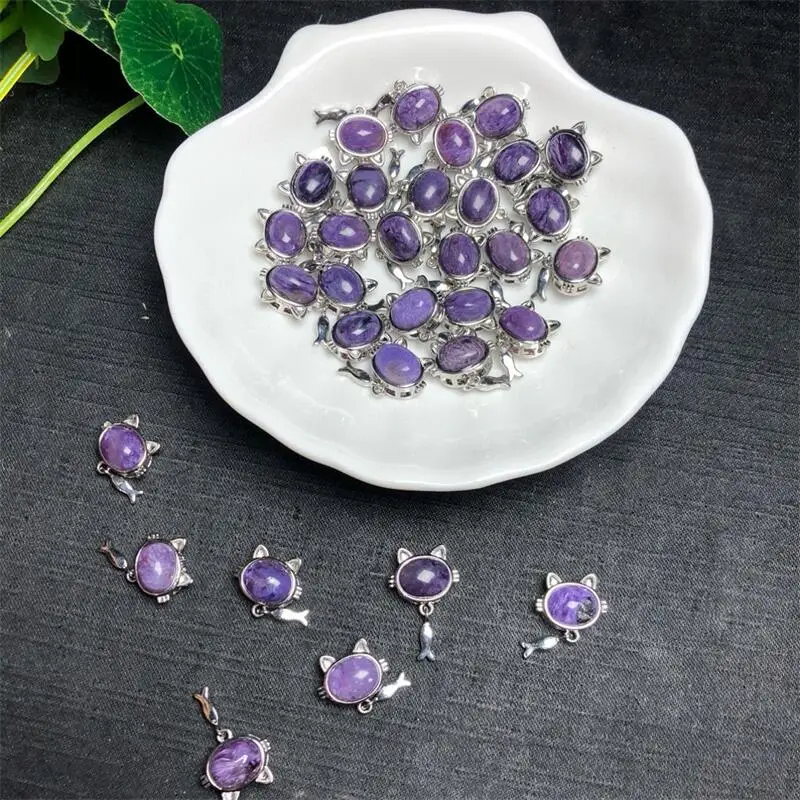 5PCS Natural Charoite Cat Face Carving Healing Reiki Fashion Crystal Gemstone Jewelry For Friends Gift