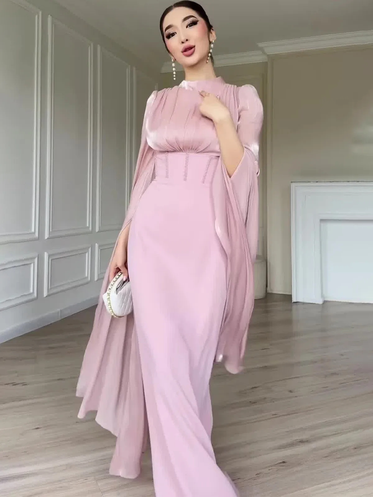 Long Sleeve Slim Fit Dress with Wrap Detail and High Neckline Noblewoman Style Elegant Fit and Flare Spring Long Dress for Women