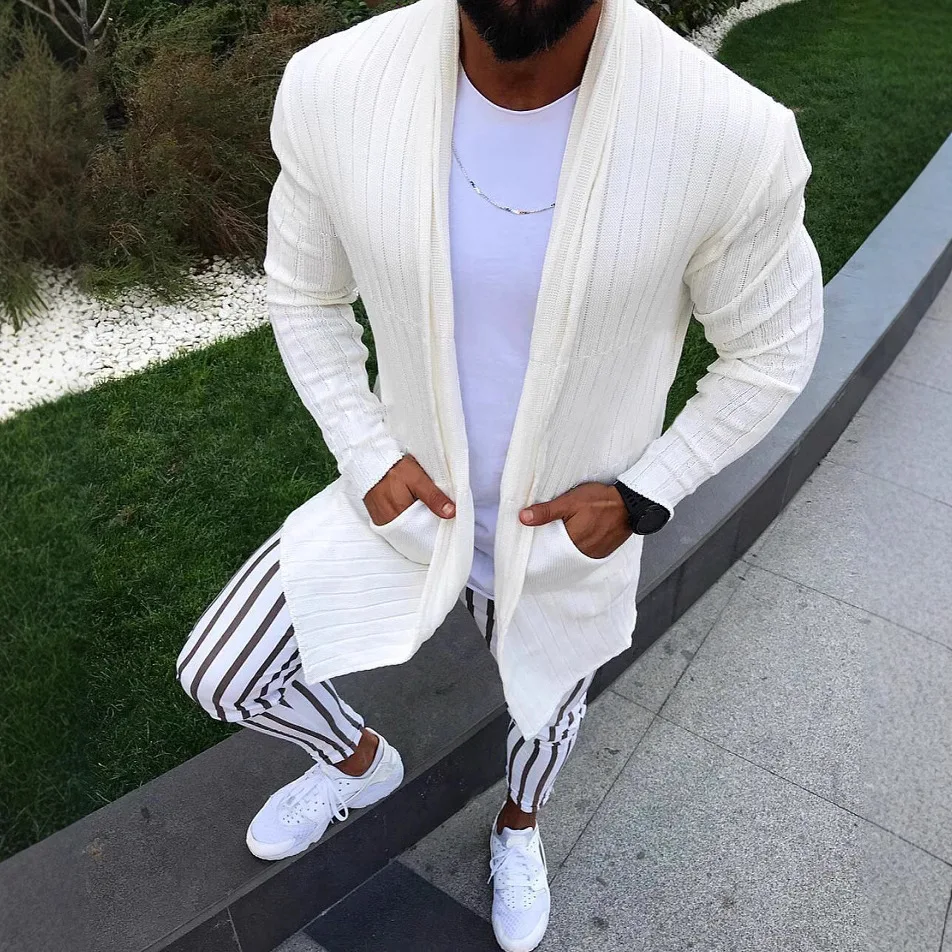 سترة سترة الخريف والشتاء بلون سليم المناسب طويلة الأكمام التلبيب سترة مشغولة من الصوف سترة الرجال #4