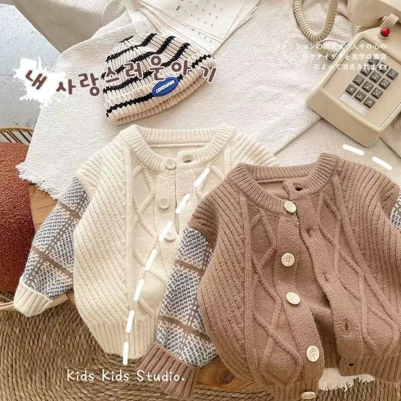 

Children's Autumn Sweater Coat Boy's Sweater Cardigan Sweater Girl's Spring and Autumn Foreign Style Shirt Beige Coat