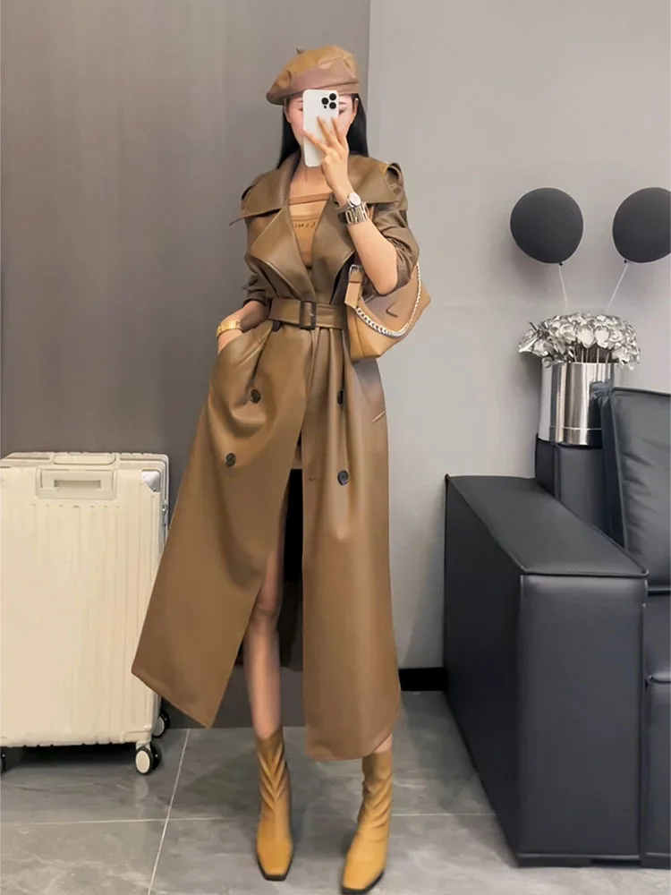 Spring Autumn Extra Long Oversized Cool Black Pu Leather Trench Coat for Women Belt Runway Fashion 2024