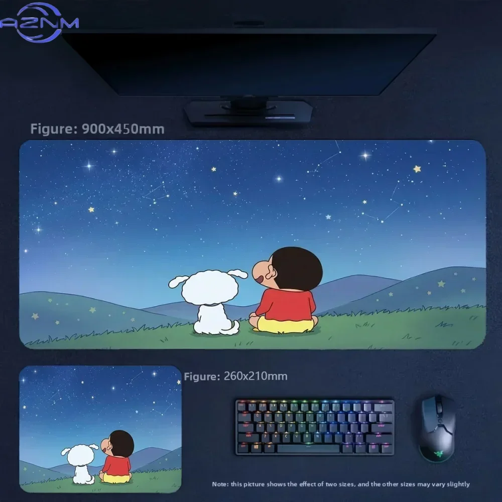 Cute Anime Crayon Shin‑chan And Shiro Watching Starry Sky Large Mousepad, Rubber Non‑Slip Extended Gaming Desk Mat, Waterproof A