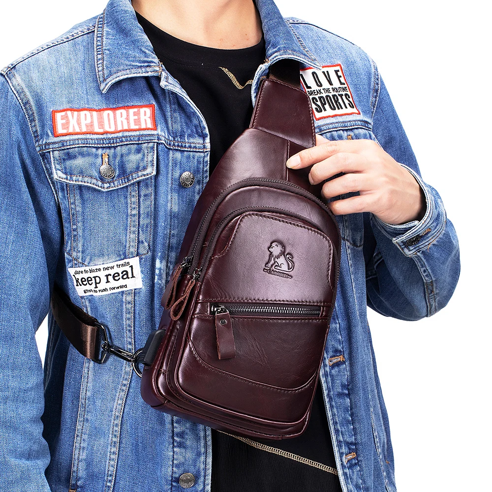 Bolso de pecho de piel de vaca para hombre, bandolera informal con USB, bolso de hombro frontal