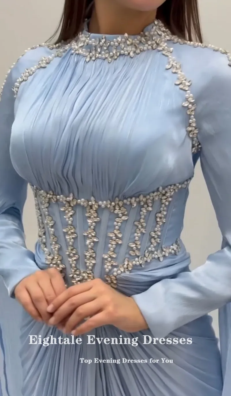 Eightale Arabic Evening Dress High Neck Crepe Customized Muslim Light Blue Beaded Rhinestones Prom Wedding Party Gown