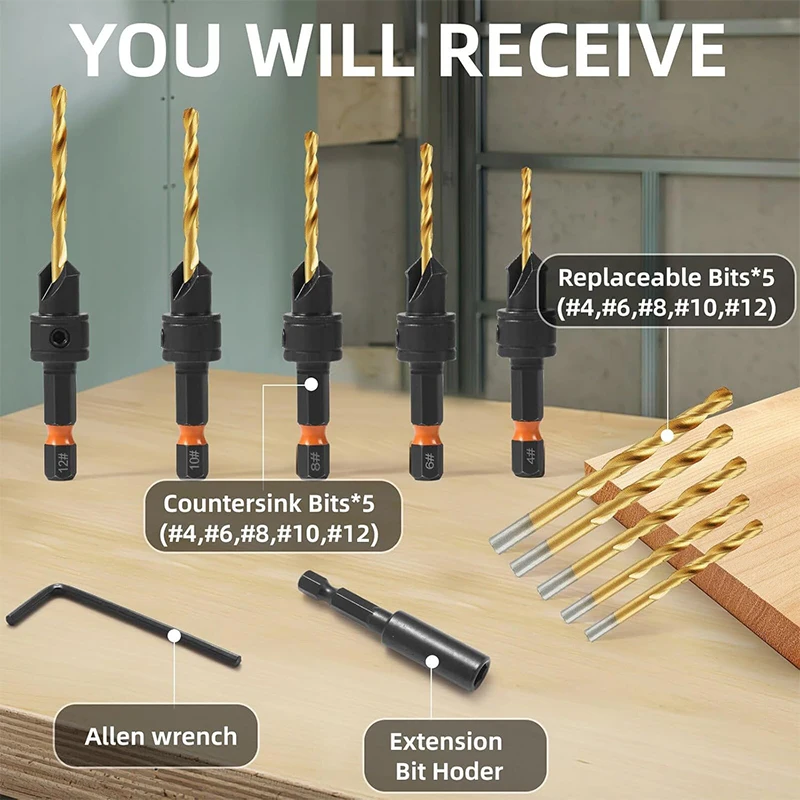 

Набор из 12 шестигранных зенкеров с титановым покрытием и сменными насадками, совместимый с электродрелью, для быстрого монтажа на магнитном держателе и L-образным ключом.