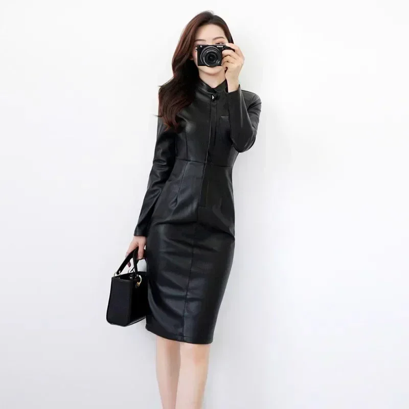 Plus Size Autumn New Fashion 2024 Women Stand Long Sleeve Faux Leather Zipper Flocking Black Casual Bodycon Kn-length Dress