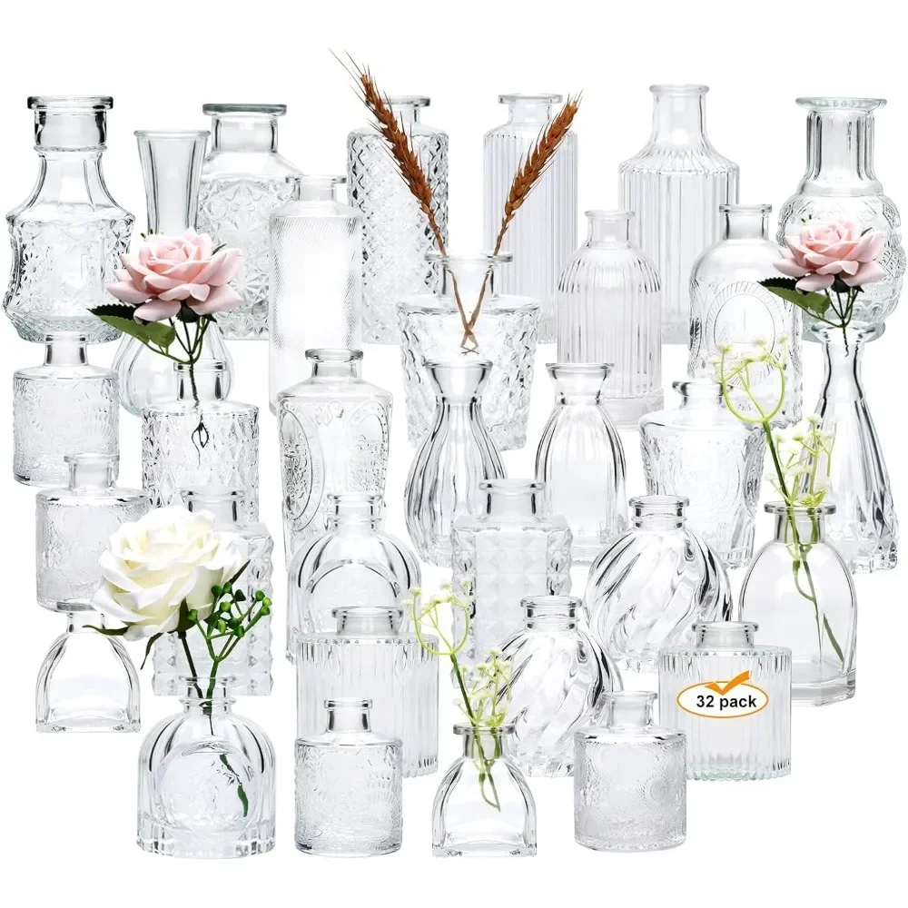 

Set of 32 Bud Vases for Flowers, Small Vintage Glass Bottles for Rustic Wedding Centerpieces and Home Decor